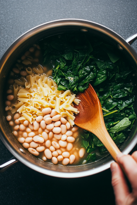 Cook for 15 minutes, then add pasta, beans, and greens