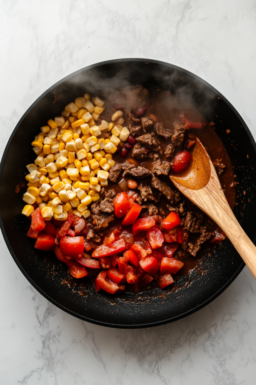 Mix in Tomatoes, Corn, and Beans