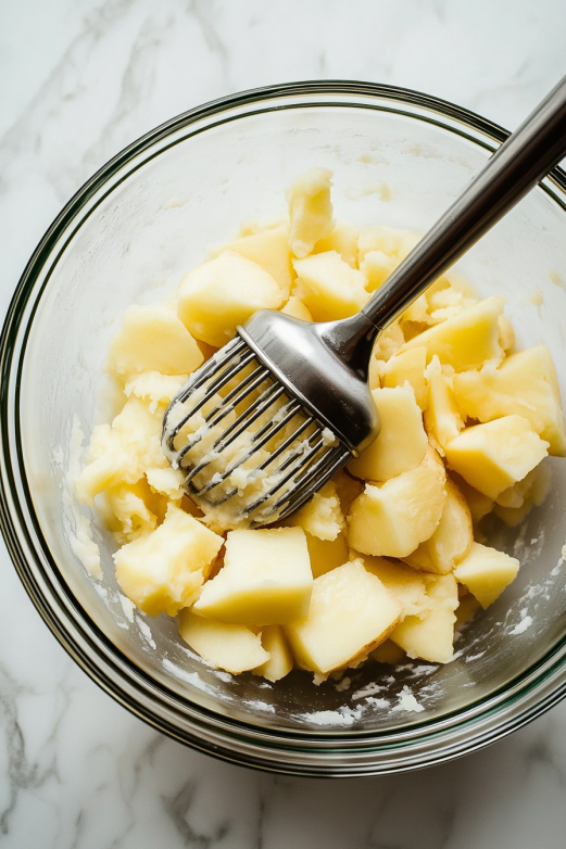 potatoes in mixing bowl with masher