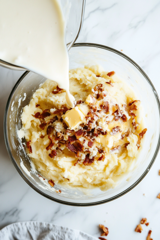 pouring milk in mashed potatoes