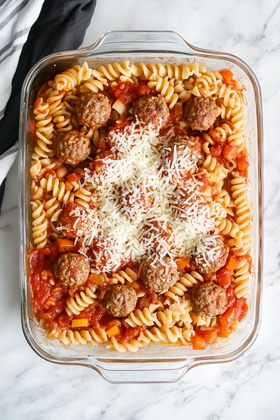 Add uncooked rotini, marinara, water, chopped bell pepper, thawed meatballs, salt, and 1 cup mozzarella to the baking dish.