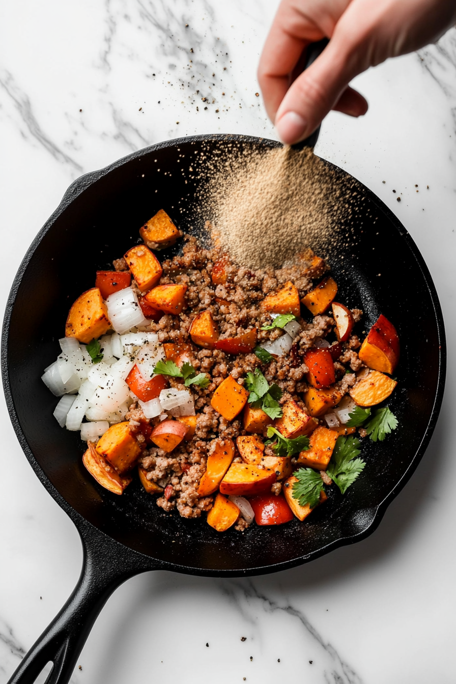 Add taco seasoning and a splash of water, then cook until flavors blend and everything is heated through.