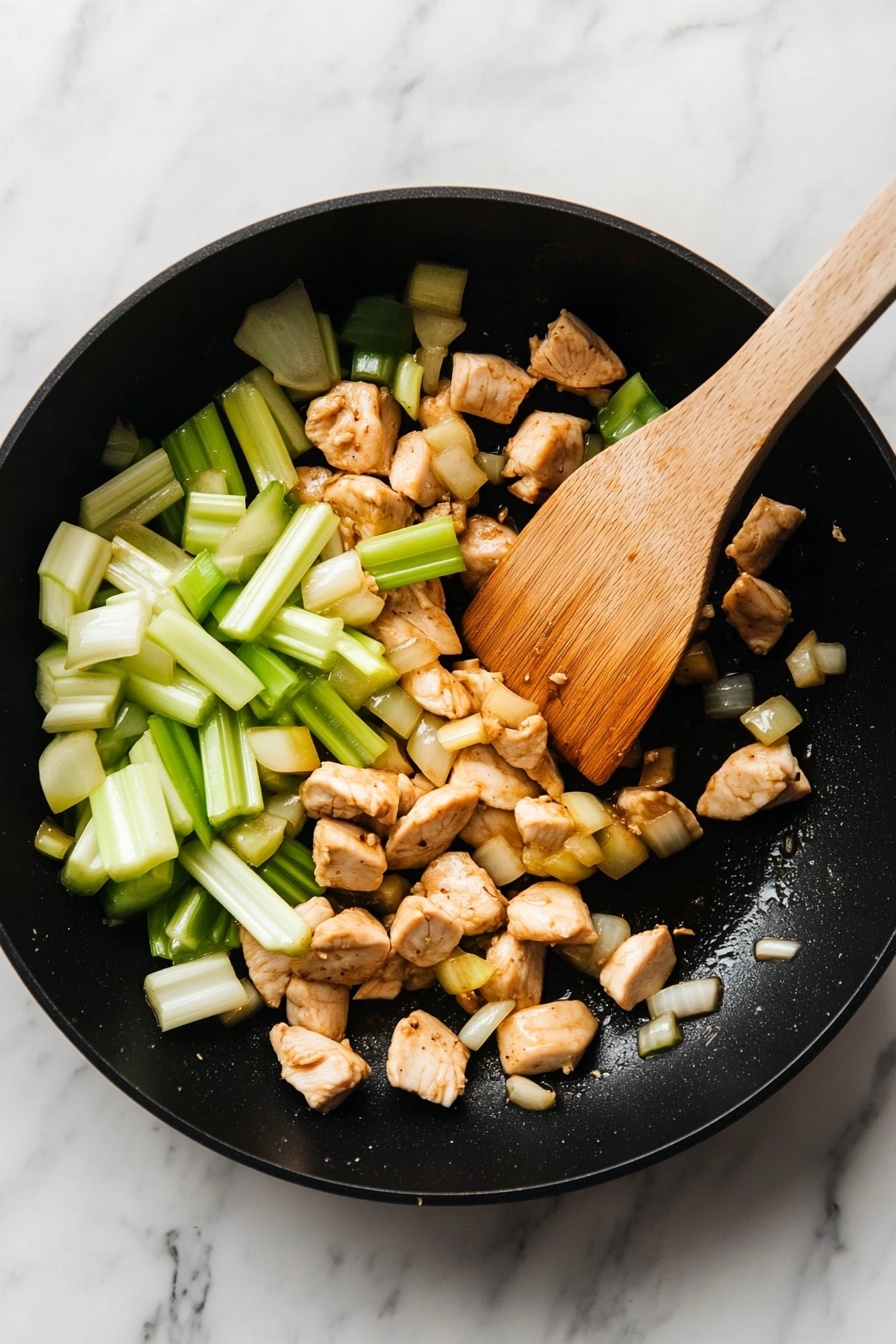 Stir in celery, bamboo shoots, and water chestnuts; sauté for 3-4 minutes.
