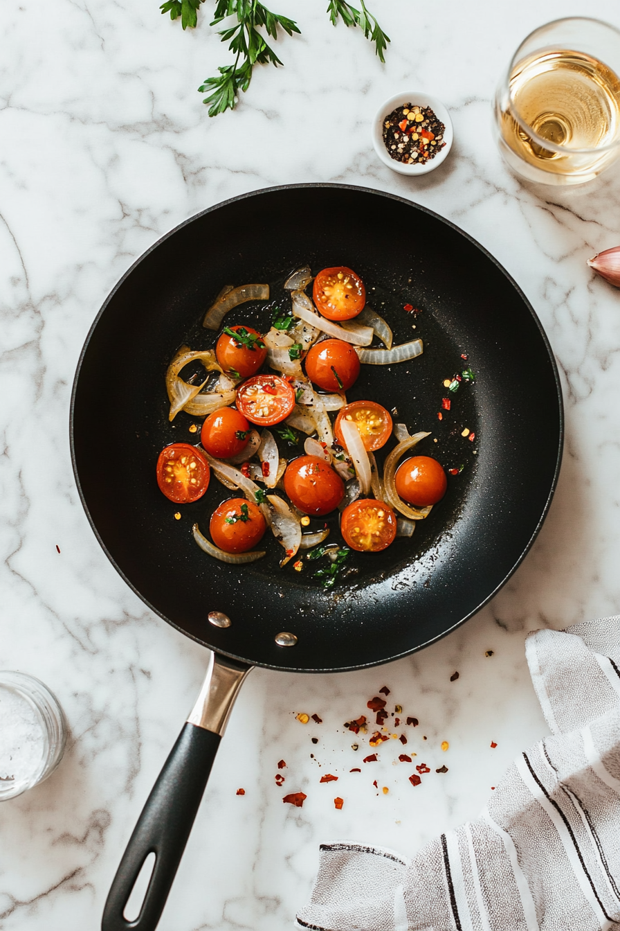 Adding Wine, Tomatoes, Red Pepper Flakes