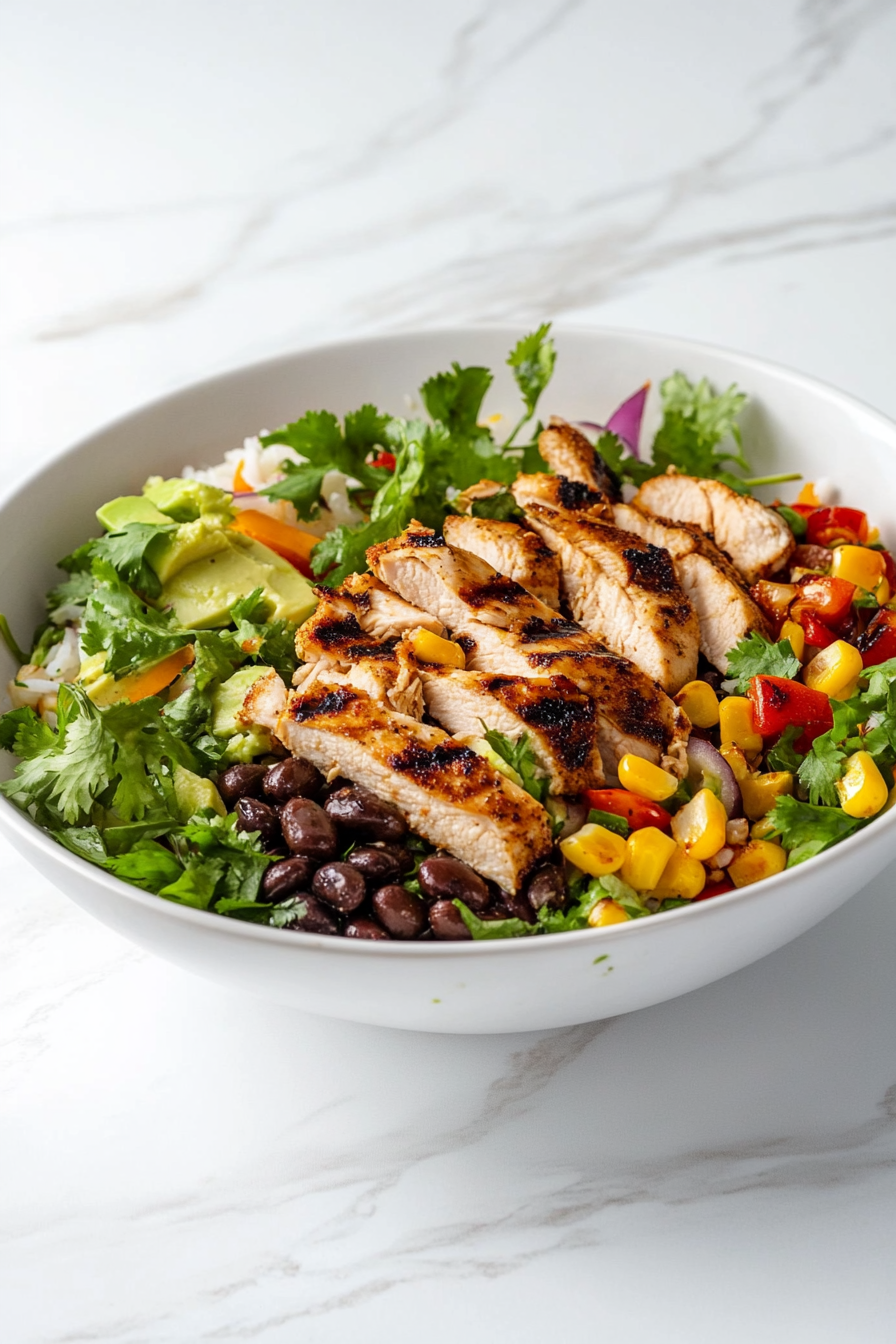 side view of a vibrant and colorful chicken bowl arranged on a white marble countertop. The bowl contains a bed of fluffy cilantro lime rice topped with perfectly grilled chicken thighs, sautéed green and red peppers, black beans, roasted corn, and a creamy sauce drizzle. The ingredients are arranged neatly, creating a flavorful, balanced meal that is visually appealing and fresh.