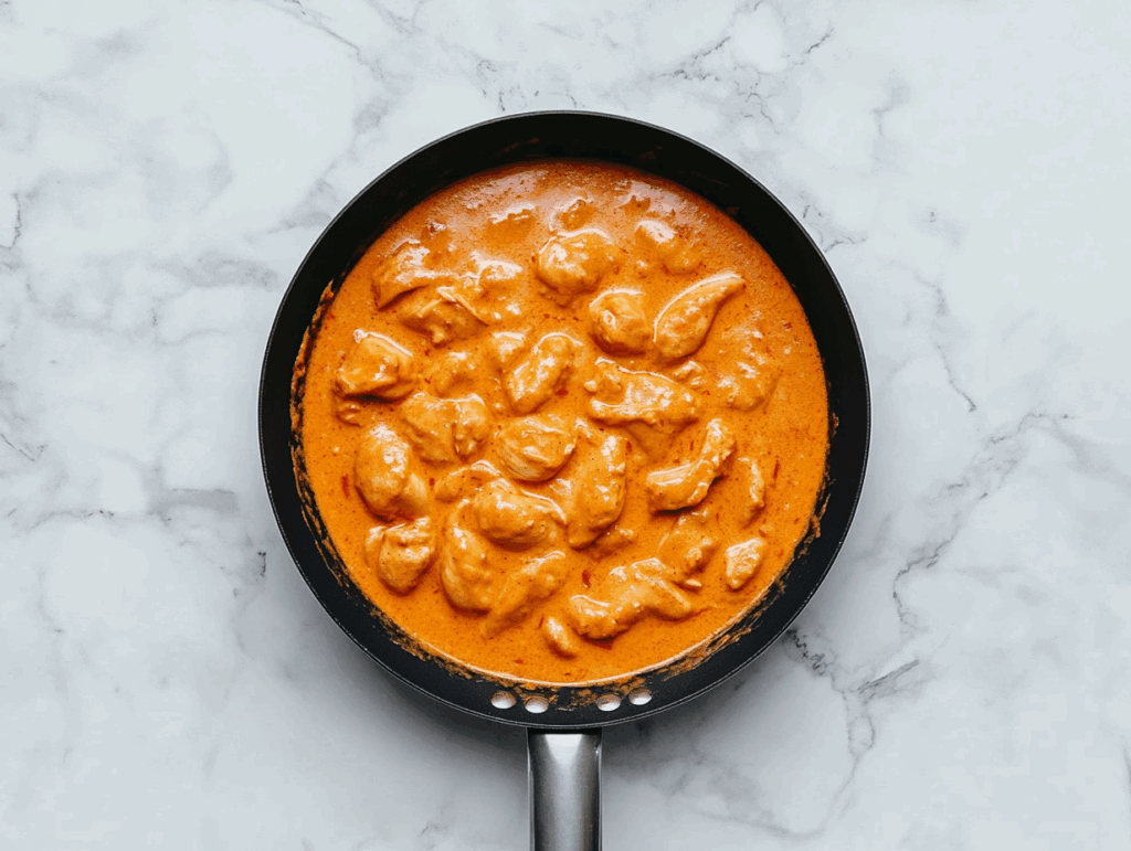 Top-down view of a rich and creamy butter chicken dish served in a large black skillet. The thick tomato and cream-based gravy surrounds tender chicken chunks, making the dish look warm, comforting, and flavorful. The white marble countertop and simple background highlight the orange-colored curry, creating an inviting presentation of this classic Indian dish.