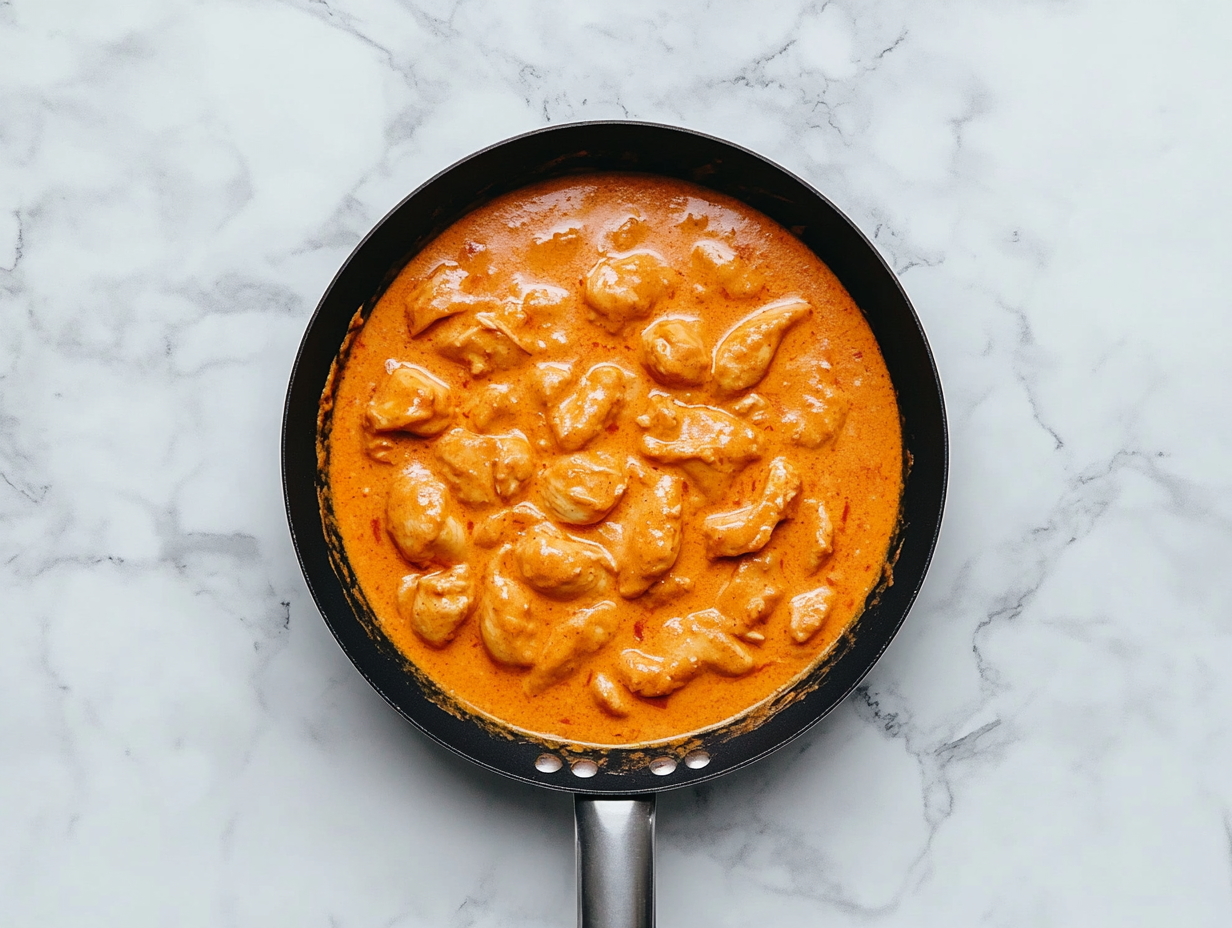 Top-down view of a rich and creamy butter chicken dish served in a large black skillet. The thick tomato and cream-based gravy surrounds tender chicken chunks, making the dish look warm, comforting, and flavorful. The white marble countertop and simple background highlight the orange-colored curry, creating an inviting presentation of this classic Indian dish.
