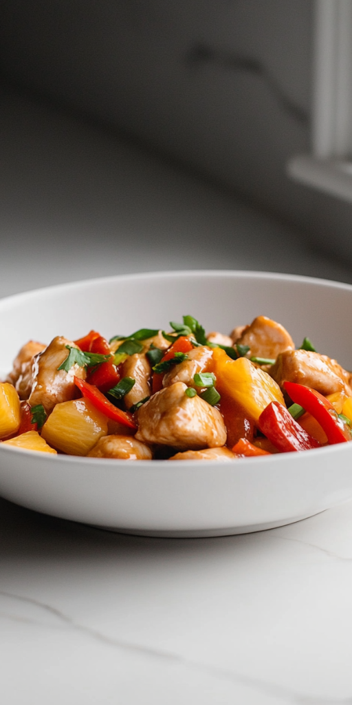 Top-down image of a colorful chicken stir-fry dish served in a shallow white bowl placed on a white marble countertop. The stir-fry features golden seared chicken breast strips mixed with red bell pepper cubes, scallion pieces, and juicy pineapple chunks, all coated in a glossy sauce. The presentation is simple and appetizing, with a vibrant, homemade feel that highlights the freshness and flavors of the ingredients used throughout the cooking process.