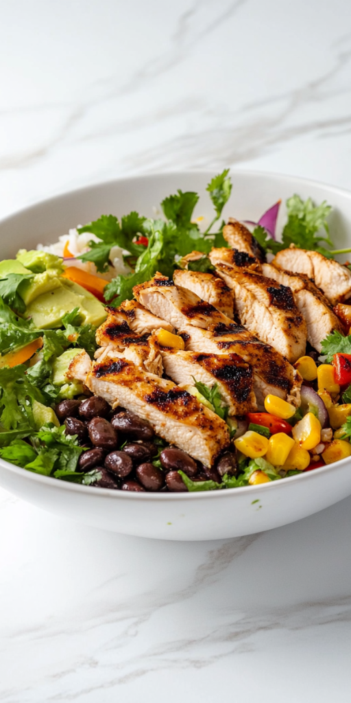 side view of a vibrant and colorful chicken bowl arranged on a white marble countertop. The bowl contains a bed of fluffy cilantro lime rice topped with perfectly grilled chicken thighs, sautéed green and red peppers, black beans, roasted corn, and a creamy sauce drizzle. The ingredients are arranged neatly, creating a flavorful, balanced meal that is visually appealing and fresh.