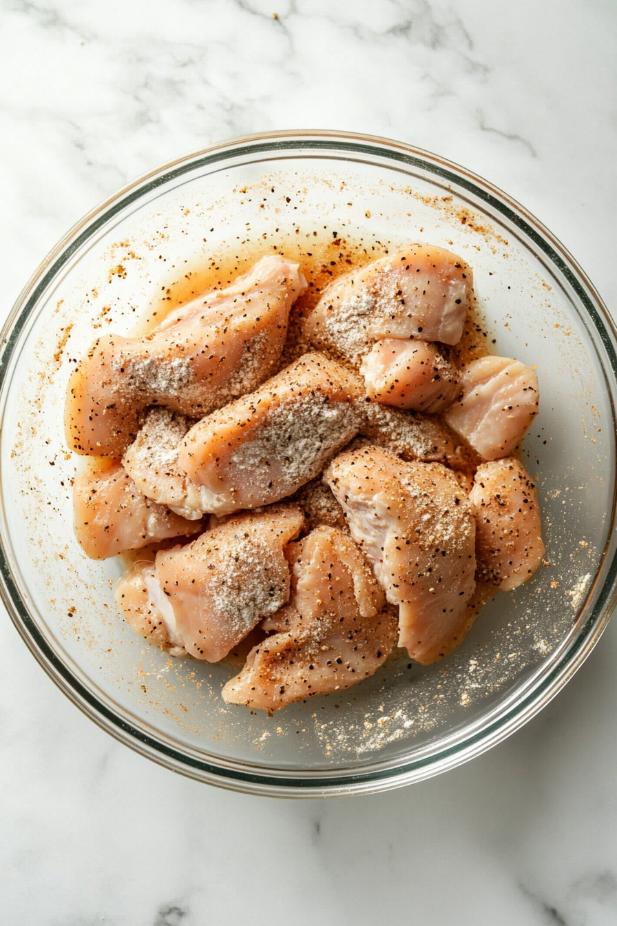 Dredge marinated chicken in flour mix, then dip in egg wash, and coat again in flour.