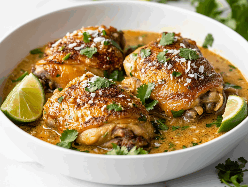 A delicious bowl of creamy coconut lime chicken thighs is served with a vibrant garnish of chopped fresh cilantro, lime wedges, and a sprinkle of toasted coconut flakes. The chicken is golden and perfectly seared, swimming in a thick, fragrant sauce made with coconut milk, lime juice, and savory spices. A comforting and flavorful dish.