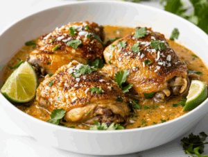 A delicious bowl of creamy coconut lime chicken thighs is served with a vibrant garnish of chopped fresh cilantro, lime wedges, and a sprinkle of toasted coconut flakes. The chicken is golden and perfectly seared, swimming in a thick, fragrant sauce made with coconut milk, lime juice, and savory spices. A comforting and flavorful dish.
