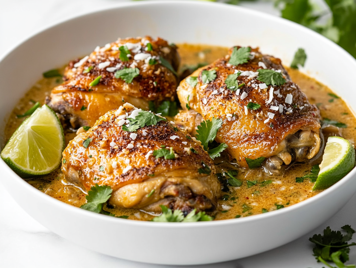 A delicious bowl of creamy coconut lime chicken thighs is served with a vibrant garnish of chopped fresh cilantro, lime wedges, and a sprinkle of toasted coconut flakes. The chicken is golden and perfectly seared, swimming in a thick, fragrant sauce made with coconut milk, lime juice, and savory spices. A comforting and flavorful dish.