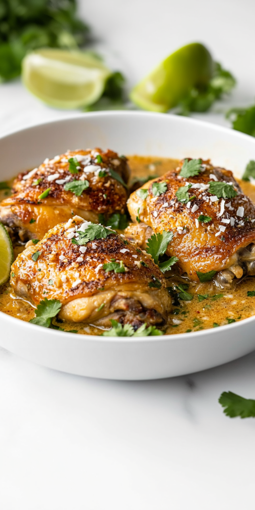 A delicious bowl of creamy coconut lime chicken thighs is served with a vibrant garnish of chopped fresh cilantro, lime wedges, and a sprinkle of toasted coconut flakes. The chicken is golden and perfectly seared, swimming in a thick, fragrant sauce made with coconut milk, lime juice, and savory spices. A comforting and flavorful dish.