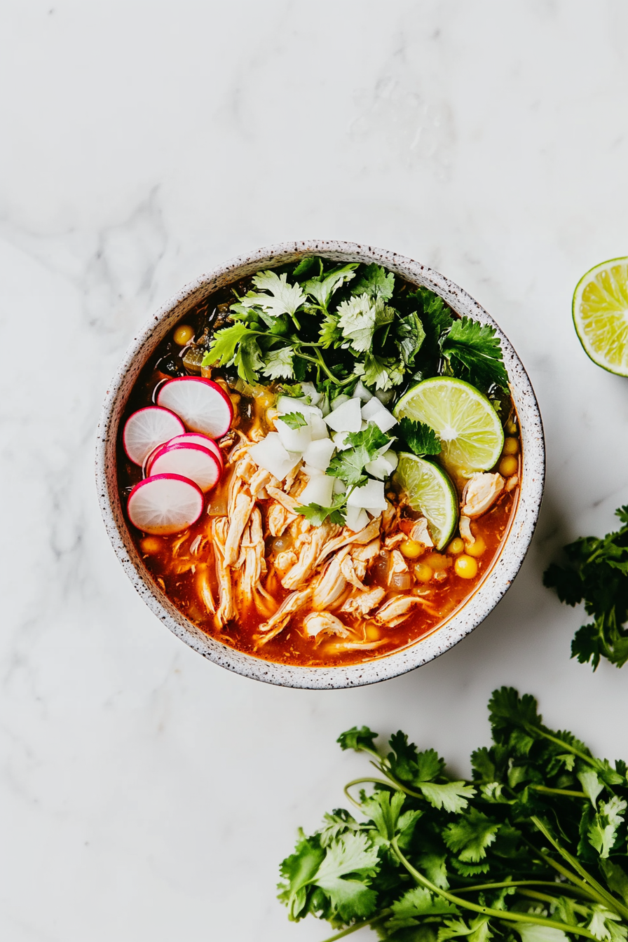 Quick & Comforting Chicken Pozole Recipe: Serve hot with garnishes like cabbage, radishes, cilantro, lime wedges, and Mexican cheese.