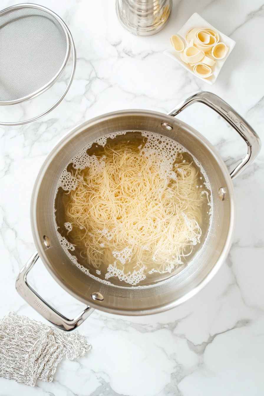 About 15 minutes before serving, cook the angel hair pasta according to package instructions.