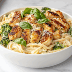 Top-down view of a comforting bowl of creamy Alfredo chicken pasta served in a white ceramic bowl on a white marble countertop. The dish features golden chicken chunks, creamy Alfredo-coated spaghetti, optional broccoli, and a generous sprinkle of shredded Parmesan cheese and fresh basil, creating a rich and visually inviting final presentation.