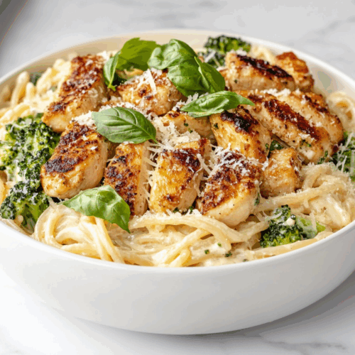 Top-down view of a comforting bowl of creamy Alfredo chicken pasta served in a white ceramic bowl on a white marble countertop. The dish features golden chicken chunks, creamy Alfredo-coated spaghetti, optional broccoli, and a generous sprinkle of shredded Parmesan cheese and fresh basil, creating a rich and visually inviting final presentation.