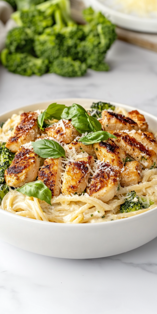 Top-down view of a comforting bowl of creamy Alfredo chicken pasta served in a white ceramic bowl on a white marble countertop. The dish features golden chicken chunks, creamy Alfredo-coated spaghetti, optional broccoli, and a generous sprinkle of shredded Parmesan cheese and fresh basil, creating a rich and visually inviting final presentation.
