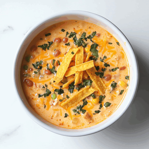 A comforting bowl of creamy chicken taco soup served in a white ceramic bowl placed on a clean white marble countertop. The soup is topped with golden corn tortilla strips, melted cheddar cheese, and visible chunks of chicken, corn, beans, and tomatoes. The overall look is hearty, vibrant, and full of rich Mexican-inspired flavors, making it an inviting dish for any mealtime.