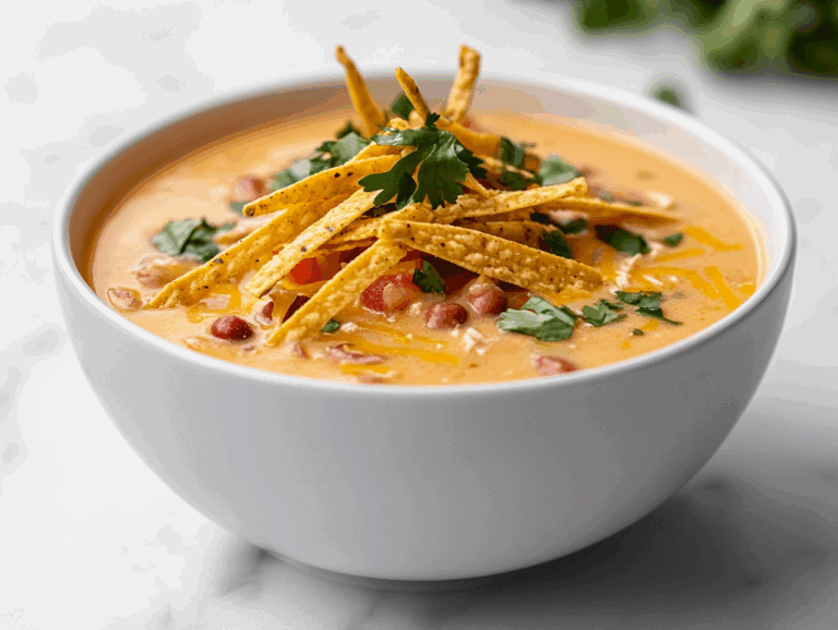 A comforting bowl of creamy chicken taco soup served in a white ceramic bowl placed on a clean white marble countertop. The soup is topped with golden corn tortilla strips, melted cheddar cheese, and visible chunks of chicken, corn, beans, and tomatoes. The overall look is hearty, vibrant, and full of rich Mexican-inspired flavors, making it an inviting dish for any mealtime.