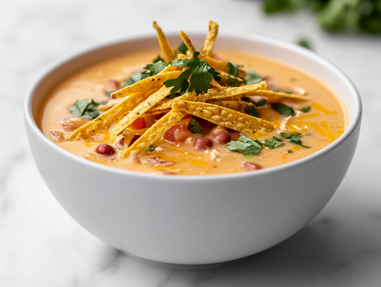 A comforting bowl of creamy chicken taco soup served in a white ceramic bowl placed on a clean white marble countertop. The soup is topped with golden corn tortilla strips, melted cheddar cheese, and visible chunks of chicken, corn, beans, and tomatoes. The overall look is hearty, vibrant, and full of rich Mexican-inspired flavors, making it an inviting dish for any mealtime.