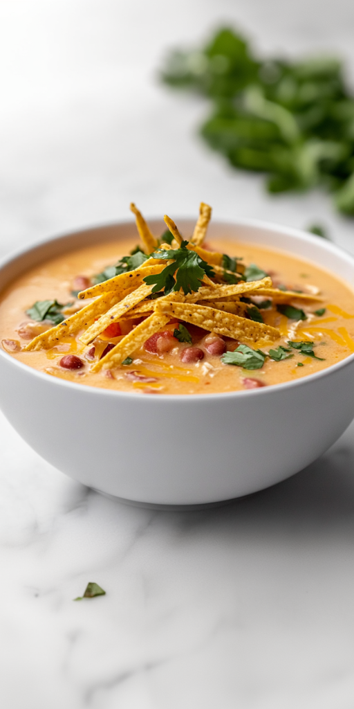 A comforting bowl of creamy chicken taco soup served in a white ceramic bowl placed on a clean white marble countertop. The soup is topped with golden corn tortilla strips, melted cheddar cheese, and visible chunks of chicken, corn, beans, and tomatoes. The overall look is hearty, vibrant, and full of rich Mexican-inspired flavors, making it an inviting dish for any mealtime.