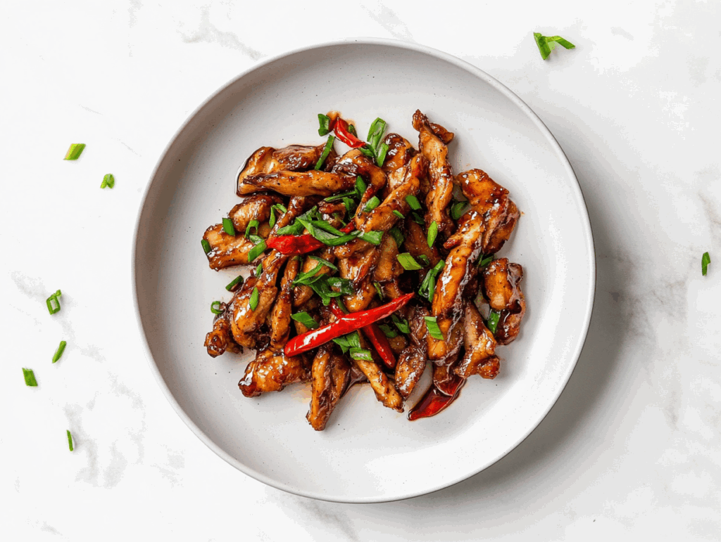 A delicious plate of crispy chilli chicken coated in a glossy, sticky sauce made from soy sauce, honey, and sriracha. The chicken is garnished with fresh chopped spring onions and served on a white ceramic plate placed on a clean white marble countertop, capturing the rich texture and mouthwatering appeal of this Indo-Chinese dish.