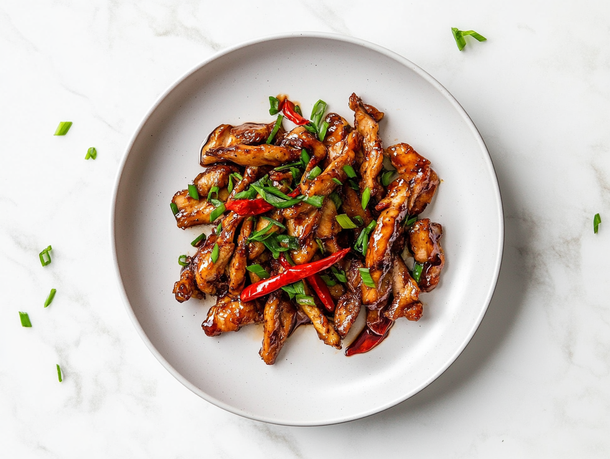 A delicious plate of crispy chilli chicken coated in a glossy, sticky sauce made from soy sauce, honey, and sriracha. The chicken is garnished with fresh chopped spring onions and served on a white ceramic plate placed on a clean white marble countertop, capturing the rich texture and mouthwatering appeal of this Indo-Chinese dish.