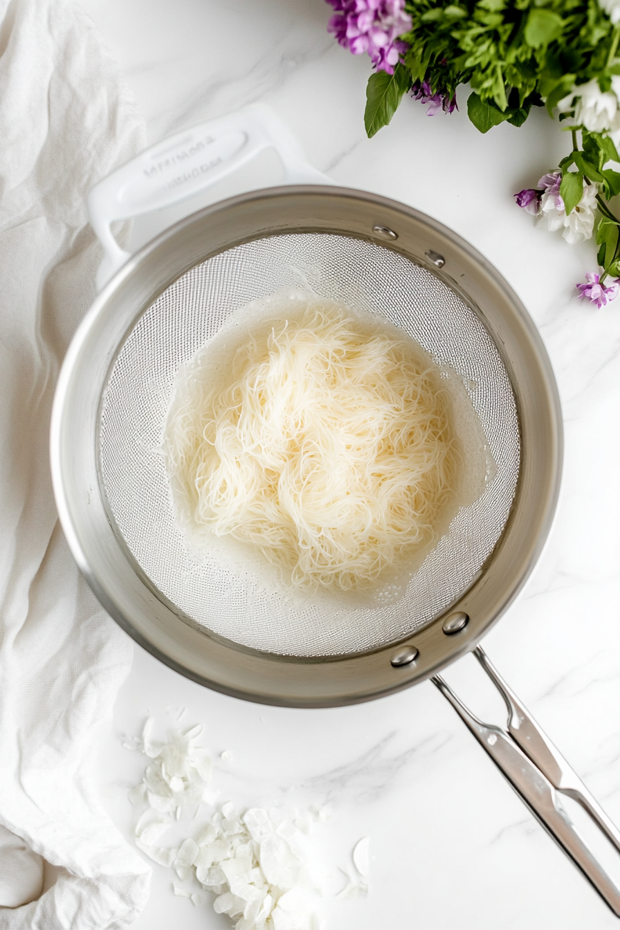 Boil angel hair pasta as per package directions. Drain well.