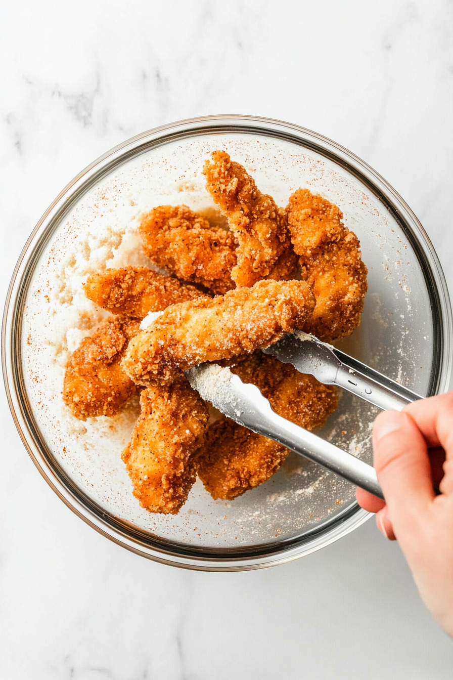 Dredge each chicken strip in the seasoned flour mix.