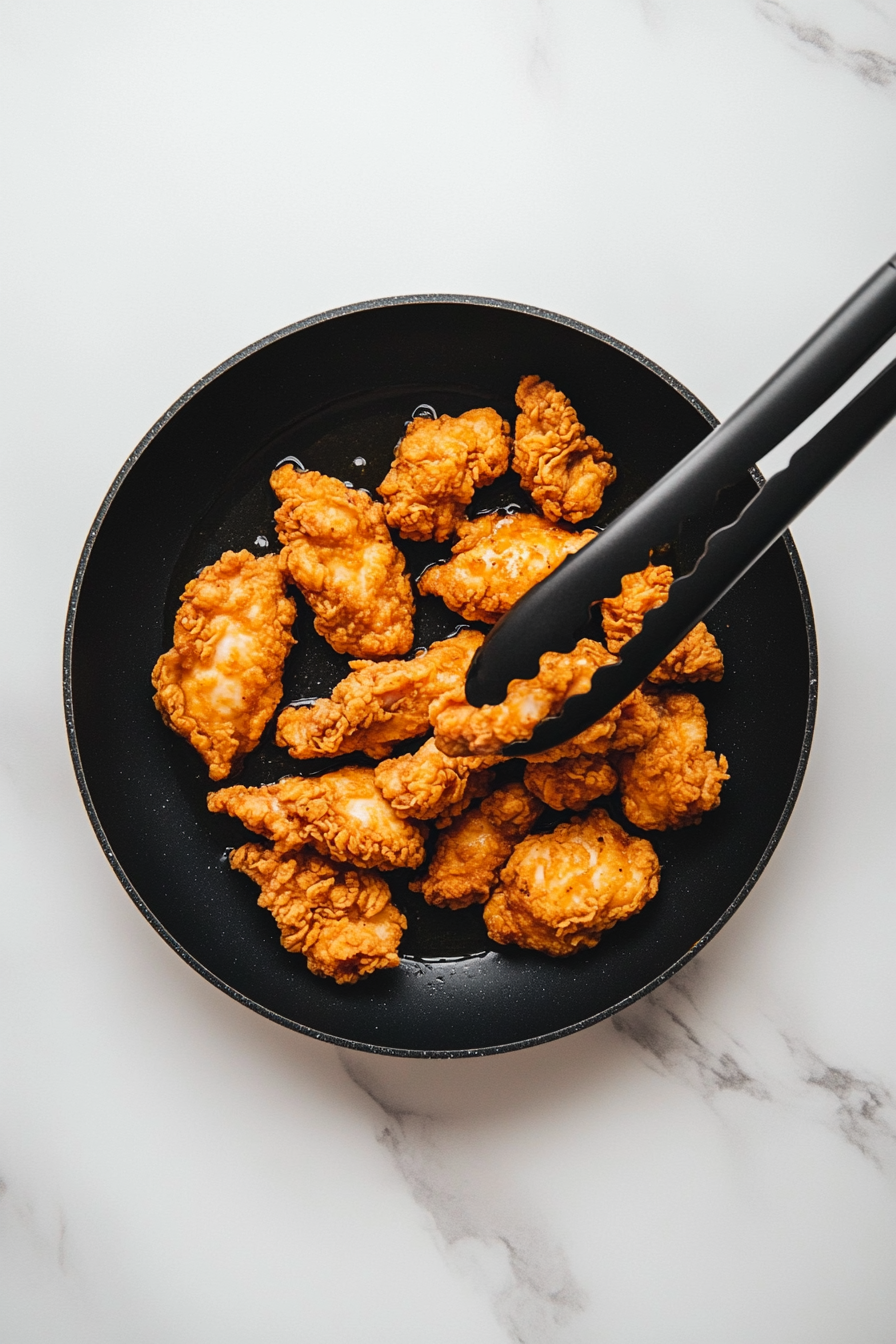 Fry chicken pieces in batches until golden brown and cooked through, about 6–8 minutes each side.