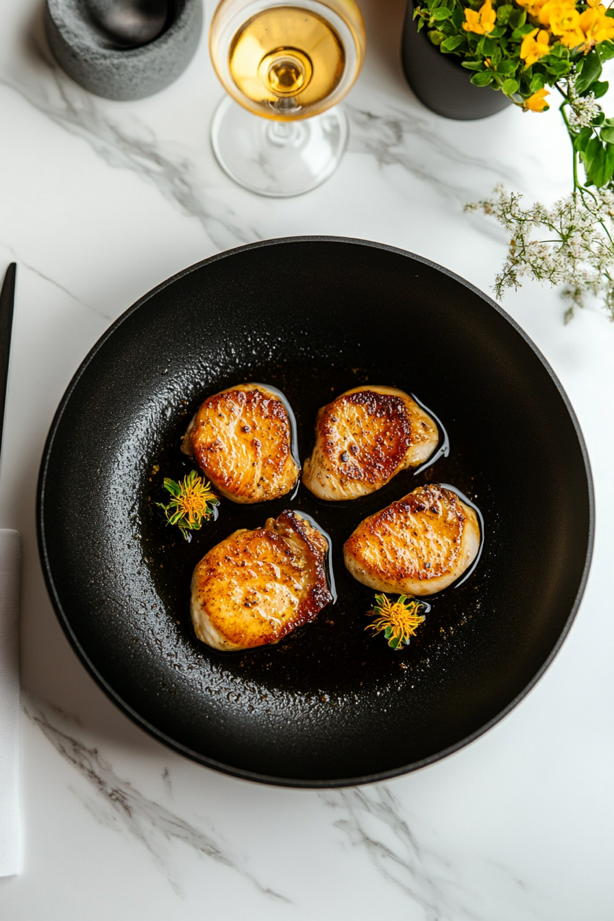 Heat olive oil in a skillet over medium-high heat. Sear chicken for 4–5 minutes per side until golden brown. Set aside
