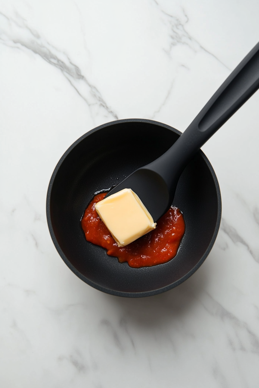 While wings bake, melt butter in a saucepan and mix in hot sauce and sugar.