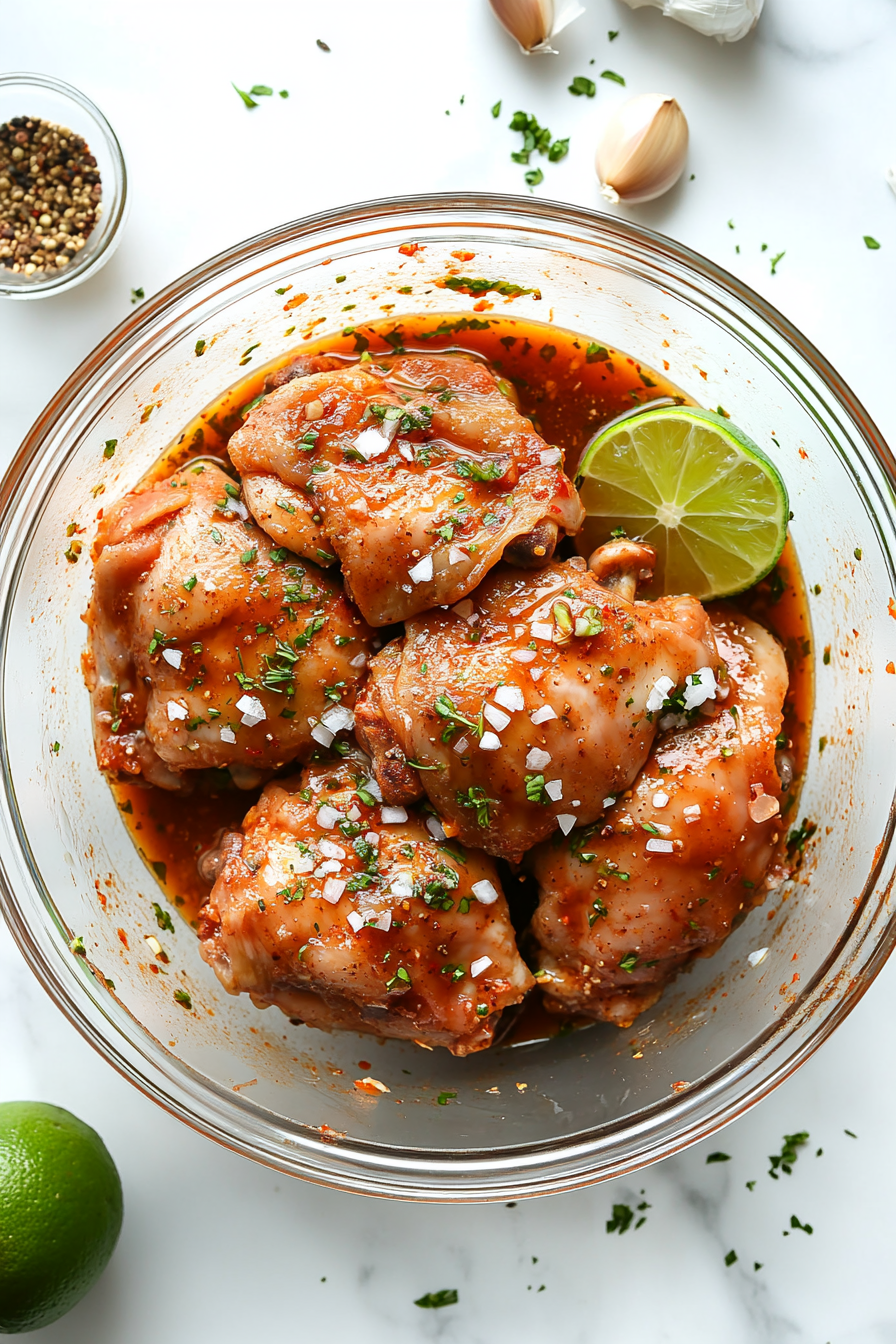Top-down view of raw chicken thighs marinating in a large glass bowl on a white marble countertop. The chicken is covered with a rich, dark chipotle adobo sauce mixed with lime juice, garlic, cumin, oregano, salt, and pepper. The ingredients are visible in the bowl, with the spices and sauce evenly coating the chicken, ready for marination.
