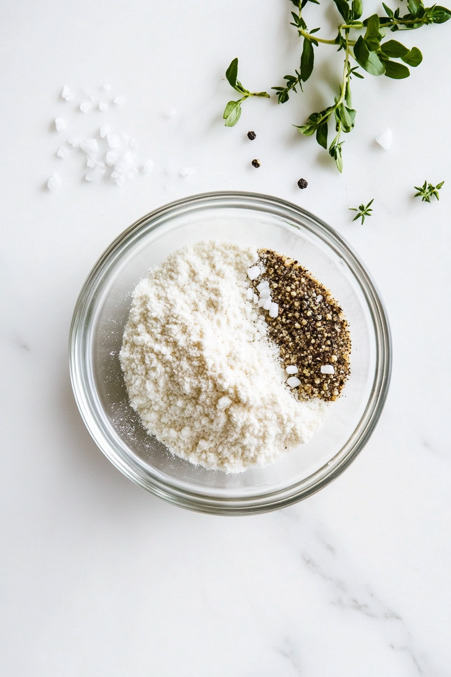 In another bowl, mix flour, garlic powder, salt, and pepper.