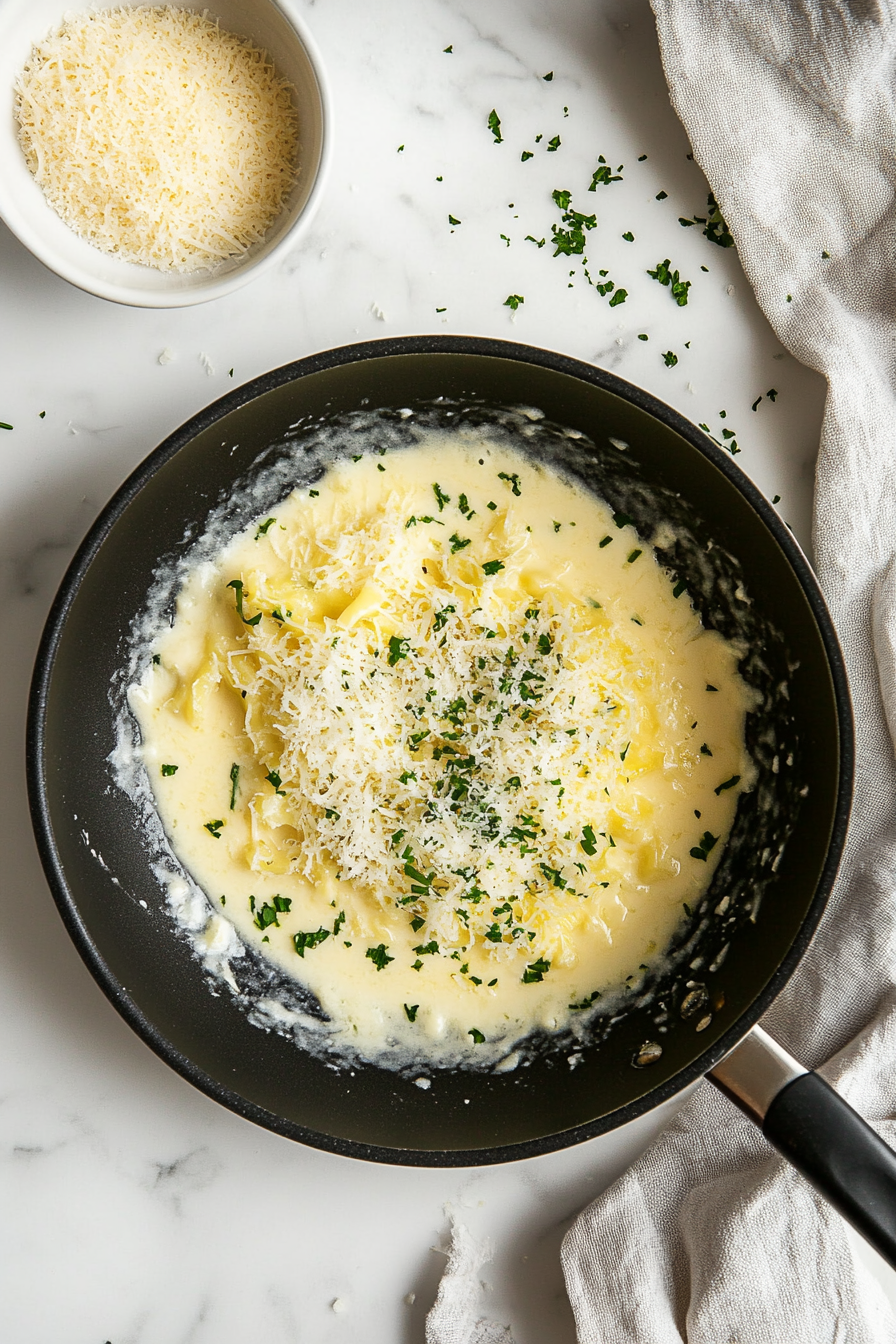Mix in half of the Parmesan cheese until sauce thickens slightly