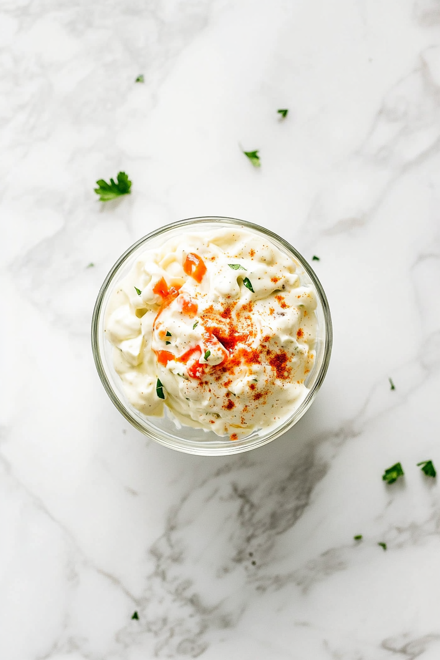Top-down view of a small glass bowl filled with a creamy sauce made from mayo, hot sauce, cumin, lime juice, and chili powder. A spoon rests beside the bowl, and the ingredients are neatly arranged around it. The creamy sauce is smooth and ready to drizzle over the assembled bowl of chicken and rice for extra flavor.