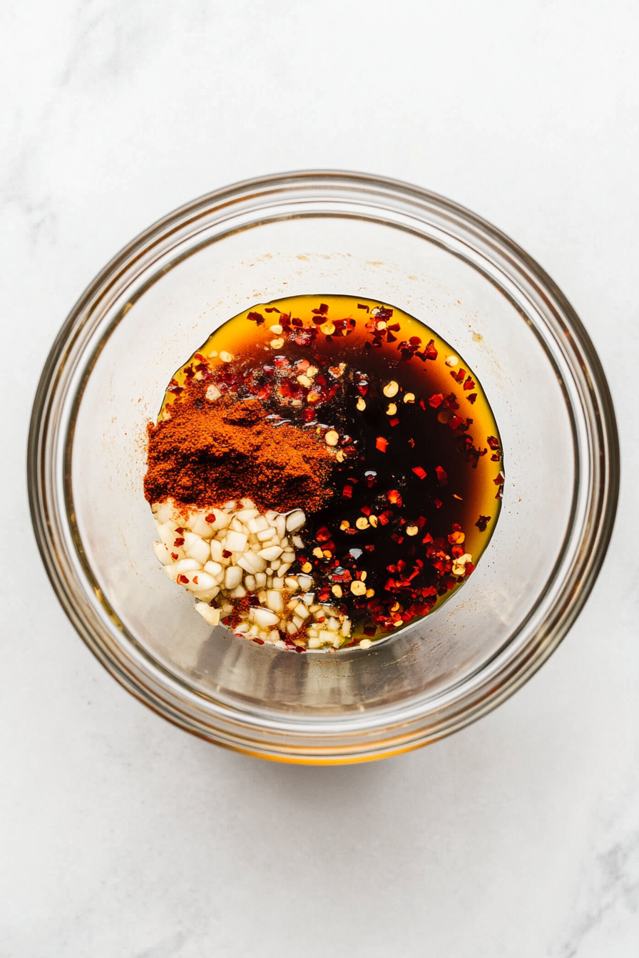 In a large bowl, whisk olive oil, garlic, soy sauce, honey, paprika, cumin, chili powder, salt, and pepper.