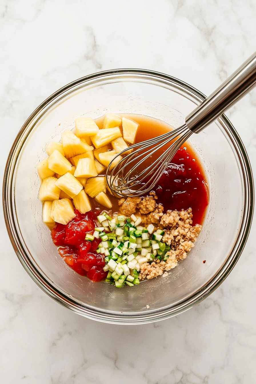 In a large bowl, mix pineapple juice, soy sauce, brown sugar, ketchup, sherry, ginger, garlic, green onions, and dry mustard.
