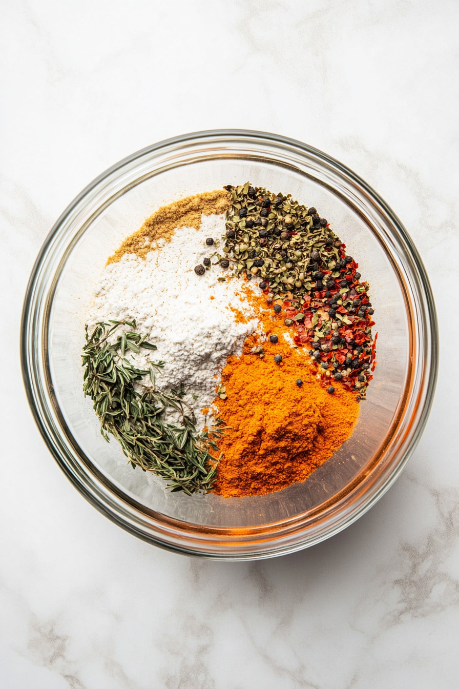 In a bowl, mix all-purpose flour with herbs and spices for the flour mix.
