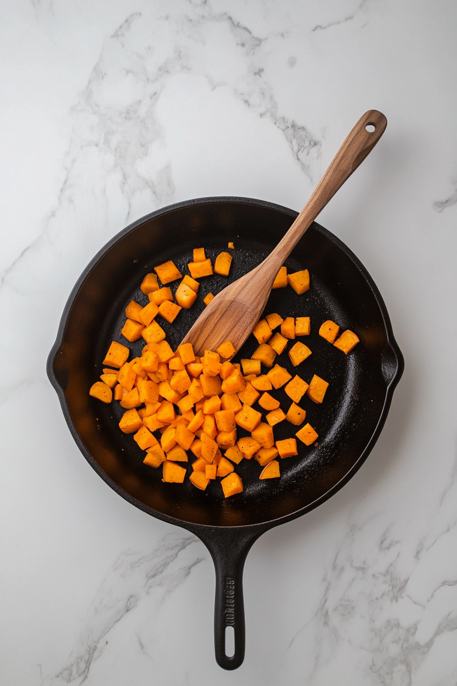 In the same skillet, add remaining olive oil and sauté diced onion and sweet potatoes until soft.
