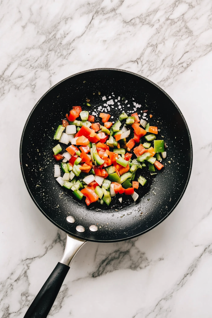 Top-down view of vibrant green bell pepper, red bell pepper, and yellow onion being sautéed in a black skillet over medium heat. The peppers and onions are softened, lightly caramelized, and seasoned with sea salt. The skillet is placed on a white marble countertop, and the vegetables are beautifully colored and glistening from the olive oil.