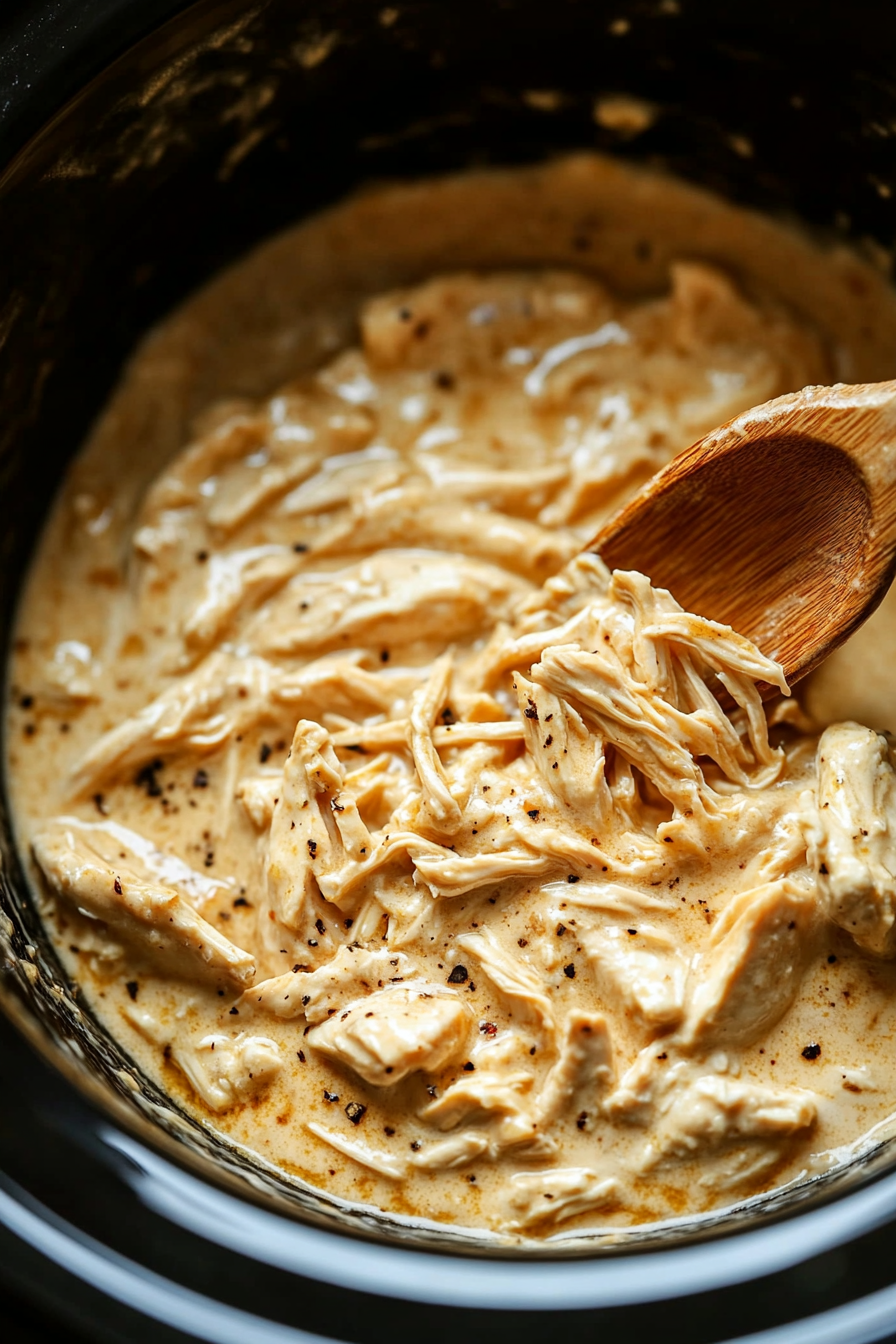 Shred or slice the cooked chicken, then mix into the sauce.