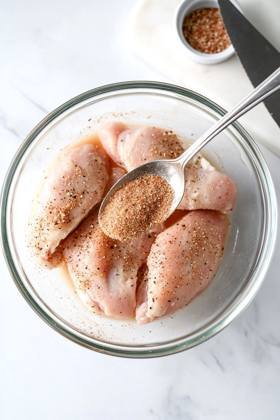 Slice the chicken breasts in half lengthwise for even cooking. Season with salt, pepper, and Italian seasoning
