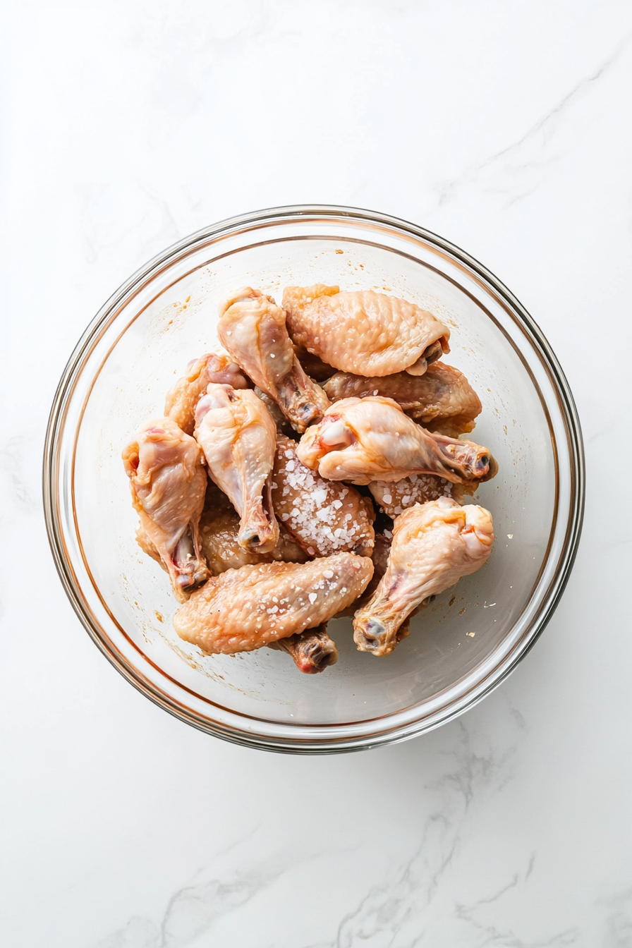 In a bowl, toss chicken wings with baking powder, salt, and garlic powder.