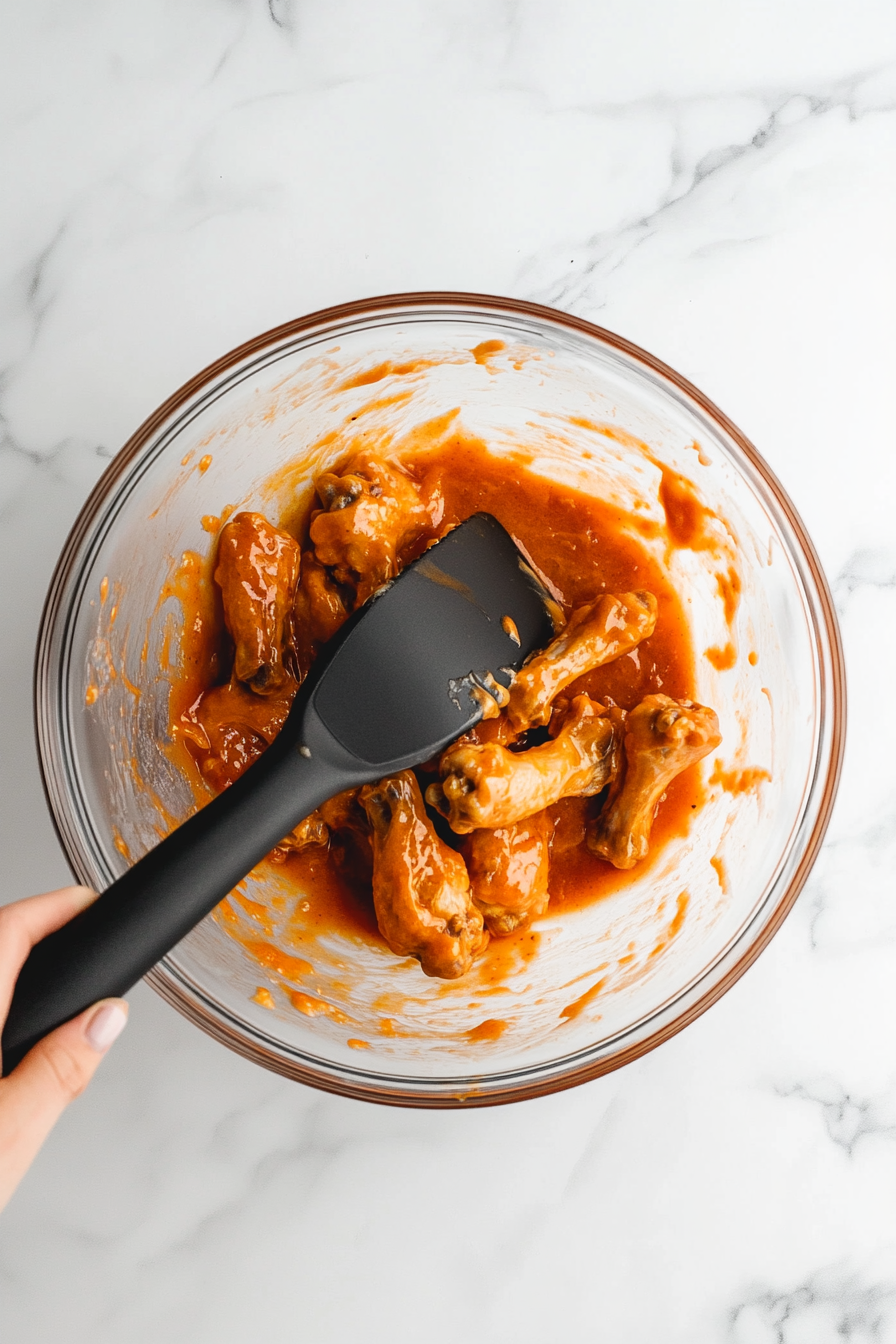 Once wings are done, toss them in the warm Buffalo sauce.