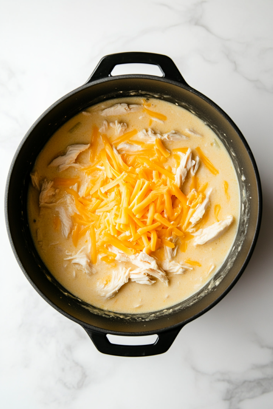 Cooked chicken breasts are being shredded using two silver forks on a white cutting board placed next to a black pot filled with simmering taco soup. The steam rises from the soup, which contains visible ingredients like corn, tomatoes, and beans. The shredded chicken will be returned to the pot, adding protein and texture. The setup is minimal, with a white marble countertop for a clean cooking environment.