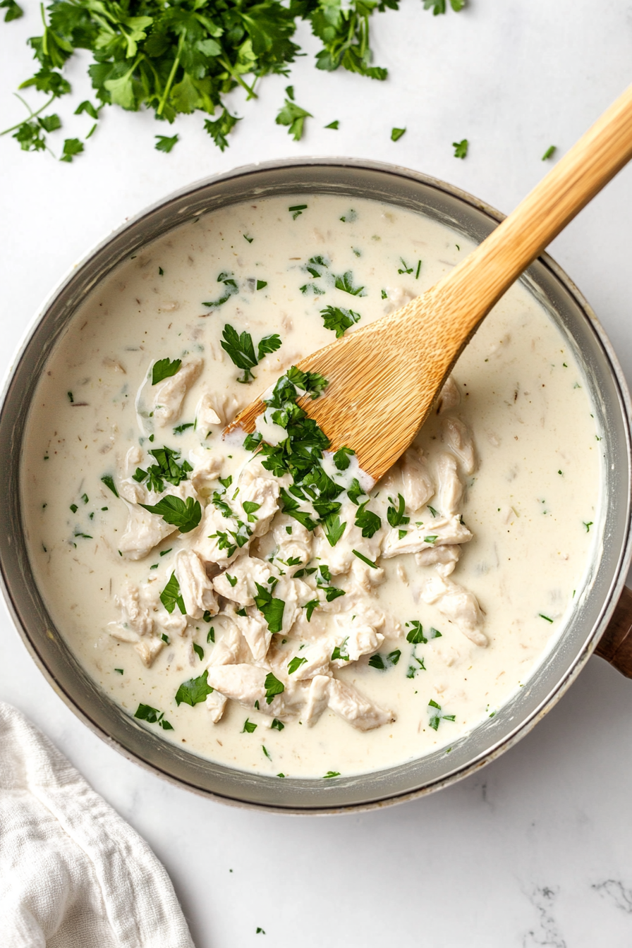 Warm chicken stock is being poured into the thickened mushroom mixture in the saucepan, placed on a white marble countertop. The bay leaf has been removed, and the sauce is now bubbling and becoming creamy. This step integrates all the savory base flavors and prepares the sauce to hold the chicken and additional ingredients.