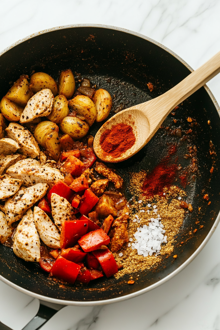 A colorful mix of paprika, ground cumin, chili powder, salt, and black pepper is added to the browned chicken and vegetables in the skillet. The spices blend into the sizzling mix, enhancing the aroma and adding complexity. A small glass bowl of mixed spices is placed next to the skillet on marble.